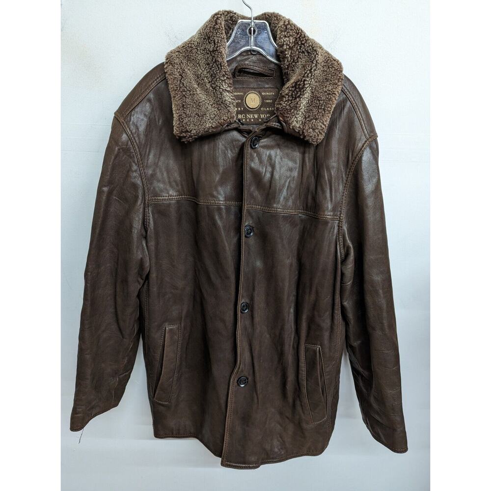 Andrew Marc New York Mens Leather Coat Lamb Fur Brown Quilted Lining Size Large
